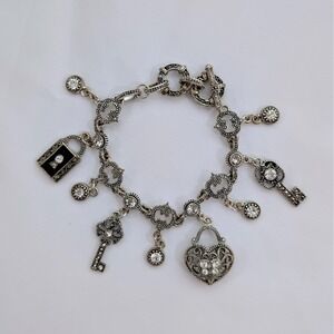 Vintage Victorian Revival Lock Key Heart Rhinestone Charm Toggle Clasp Bracelet